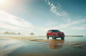 2018 Ford Explorer red color in water sea sky blue background 4k hd wallpaper
